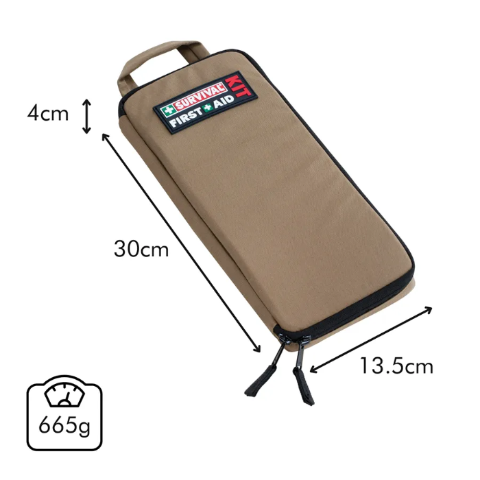Tan Survival First Aid kit pouch with 30cm size guide and 665g weight — Adventure Awaits
