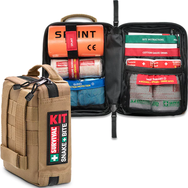 Survival Snake Bite kit opened with splint, bandages and bite instructions — Adventure Awaits