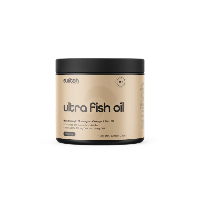 Switch Nutrition Ultra Fish Oil 120g tub with 120 high-strength Norwegian omega-3 softgel capsules — Adventure Awaits