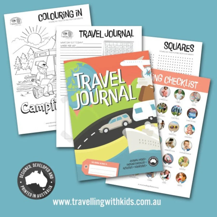 Kids travel journal including pages that it includes on blue background