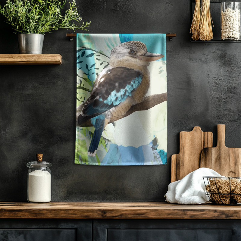 Canvas print of a kookaburra bird on a dark wall with a wooden shelf below.