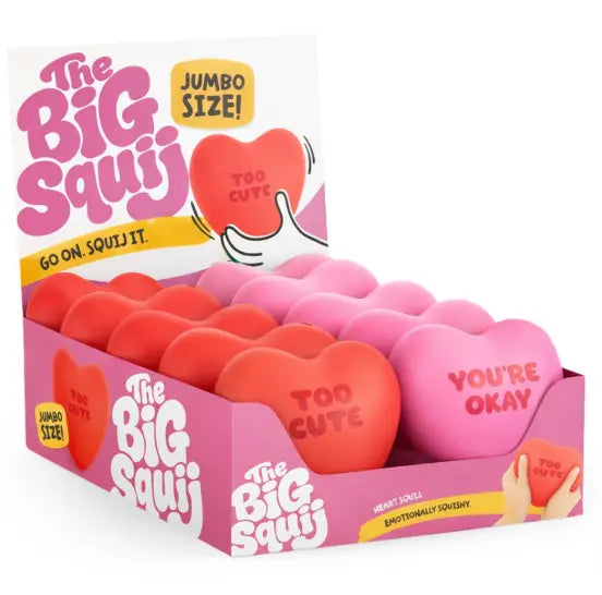The Big Squij jumbo heart squishies in pink display box with cute messages Adventure Awaits