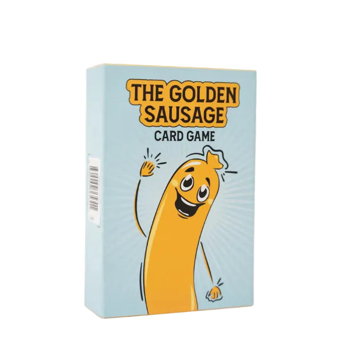 The Golden Sausage Card Game box with smiling cartoon sausage character on pale blue packaging — Adventure Awaits