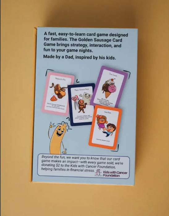 Back of The Golden Sausage card game box with family game details, sample cards and charity message — Adventure Awaits