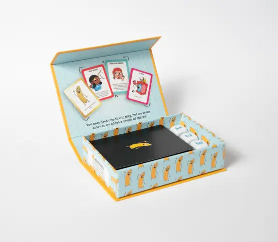 Open The Golden Sausage card game box with card deck, number dice and sample character cards — Adventure Awaits