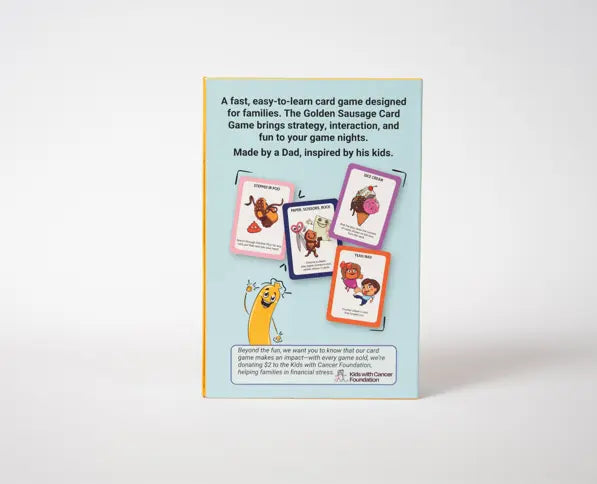 Back of The Golden Sausage card game box with sample cards, game details and charity message — Adventure Awaits