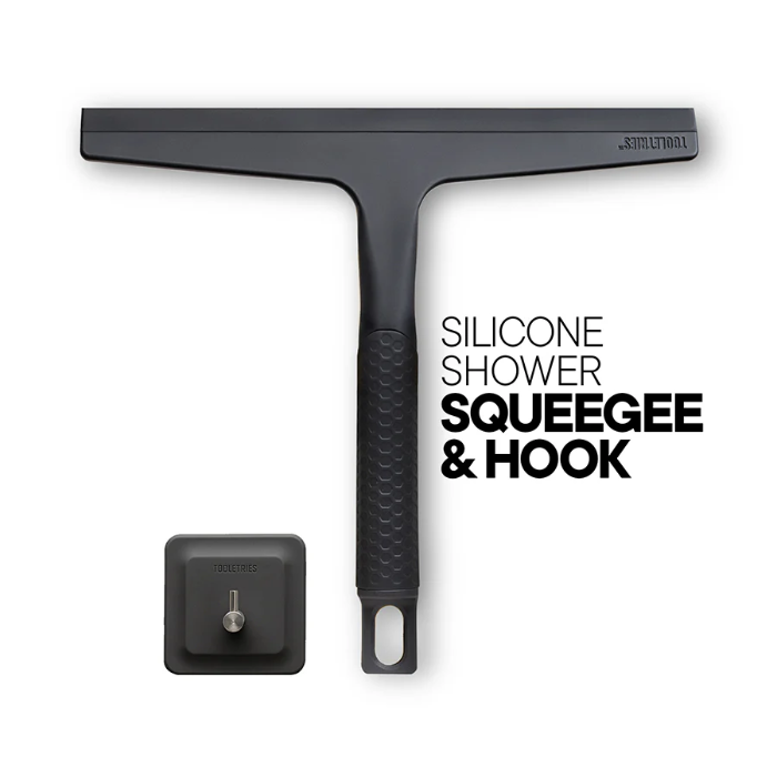 tooletries silicone shower squeegee and hook on white background
