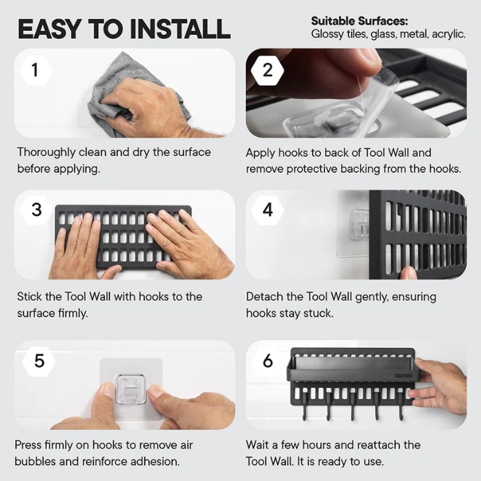 infographic showing how to install the tooletries tool wall in shower step by step