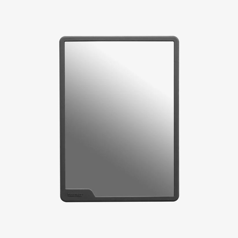 Charcoal shower mirror with rectangular frame and fog-free surface — Adventure Awaits