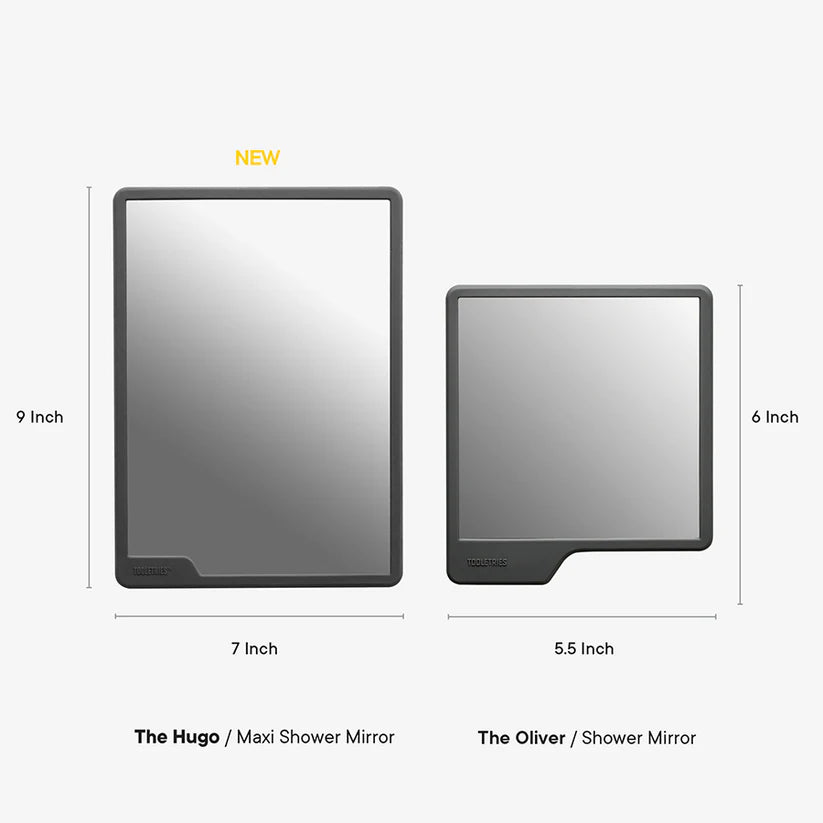 Charcoal shower mirror dimensions diagram comparing Hugo and Oliver sizes — Adventure Awaits
