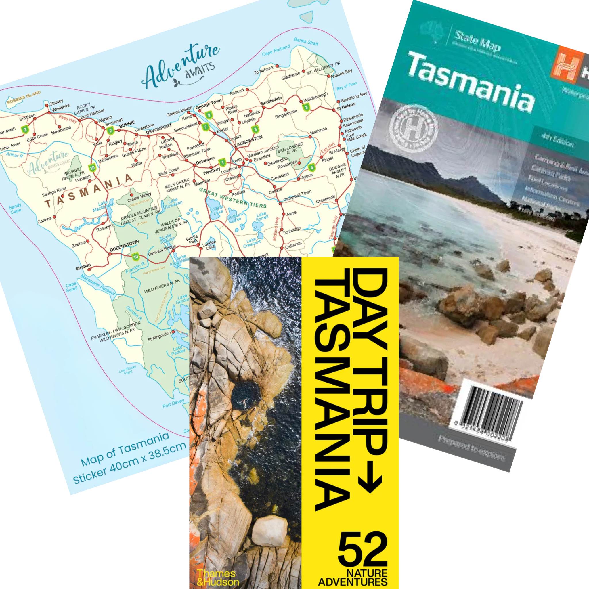 Tour tasmania three pack bundle showing book hema map and map wall sticker