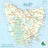 Illustrated map of Tasmania with towns, roads and landmarks, detailed travel map sticker for planning adventures Adventure Awaits