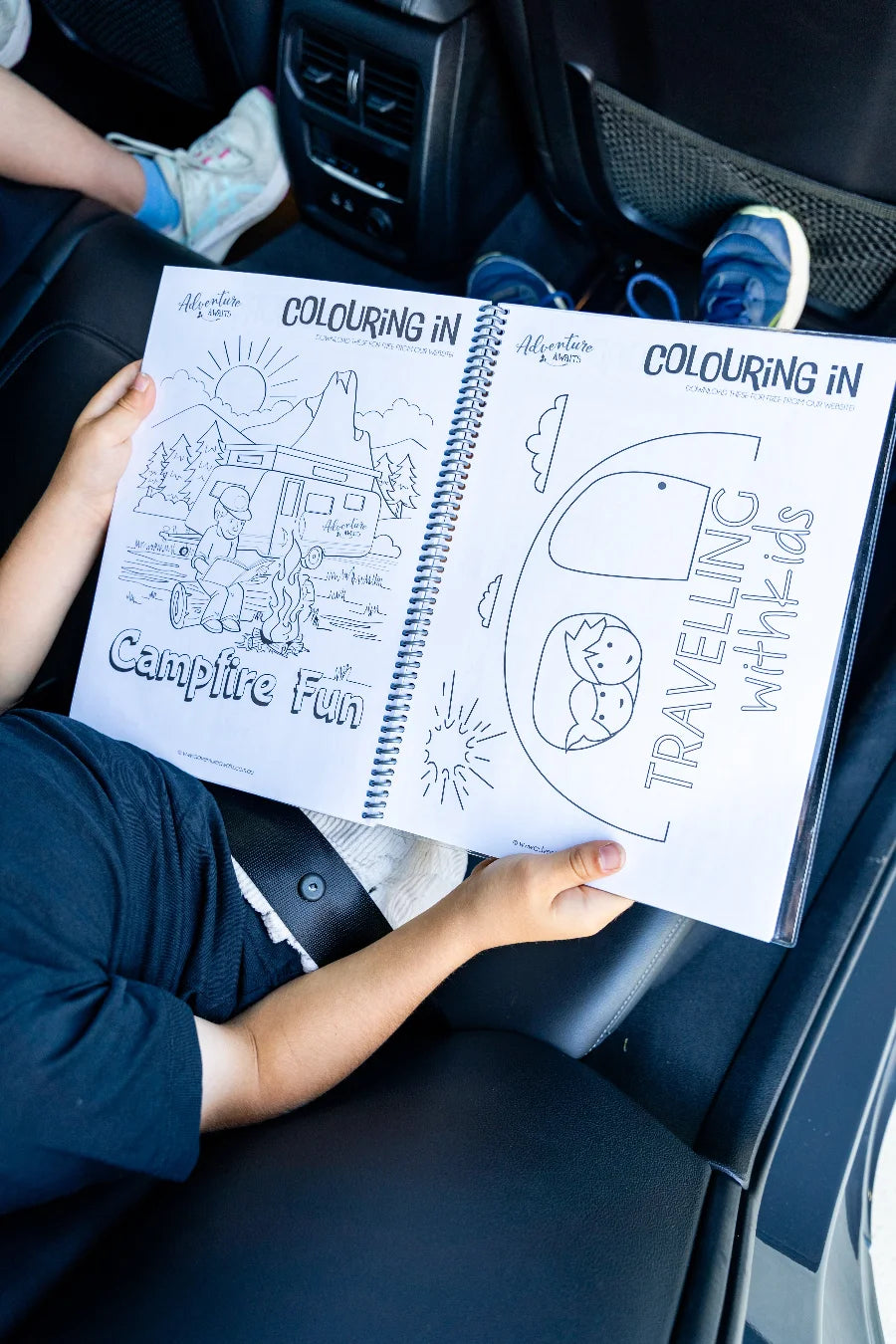 Colouring in pages in the Kids Travel Journal 