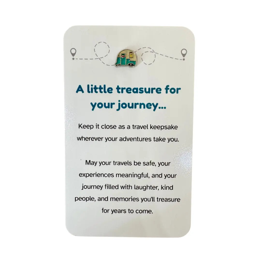 Travel keepsake card with green enamel caravan charm and journey message — Adventure Awaits