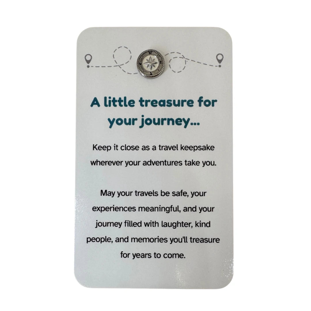 Travel keepsake card with silver compass charm and journey message — Adventure Awaits