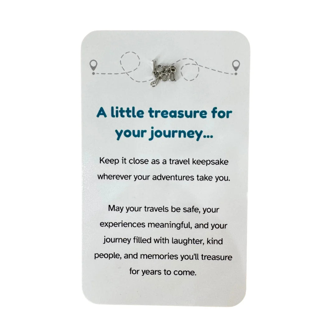 Travel keepsake card with silver Love You charm and journey message — Adventure Awaits