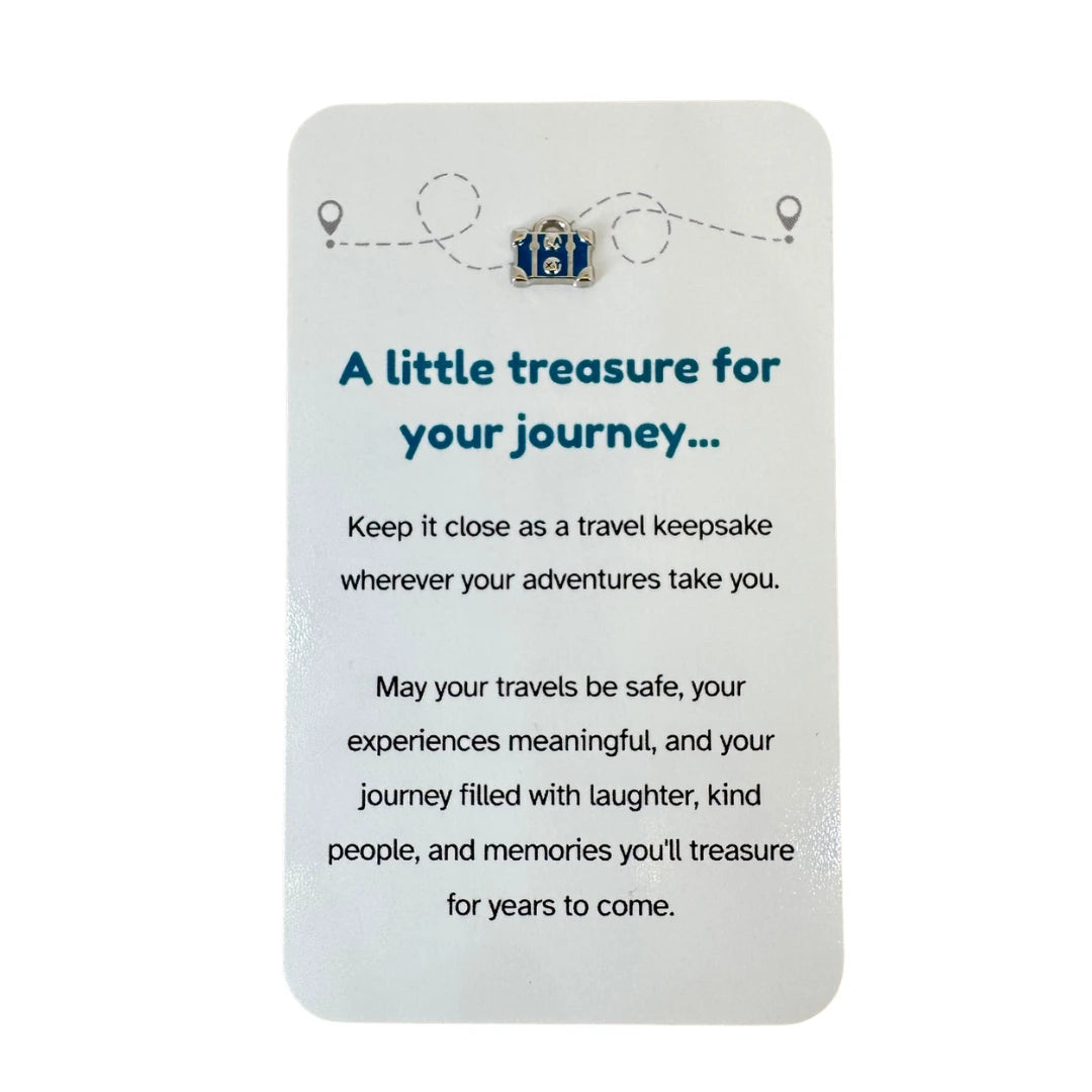 Travel keepsake card with blue enamel suitcase charm and journey message — Adventure Awaits