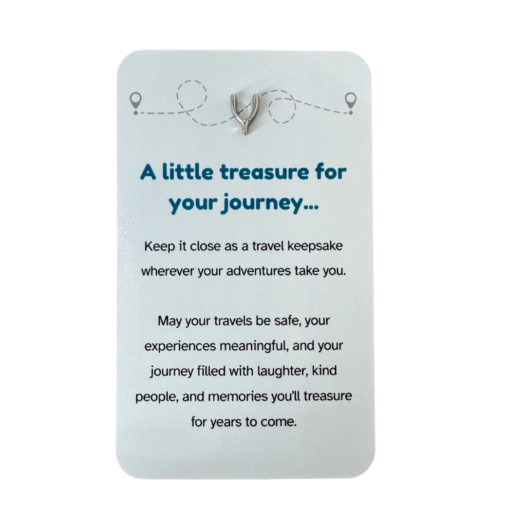 Travel keepsake card with silver horseshoe charm and journey message — Adventure Awaits