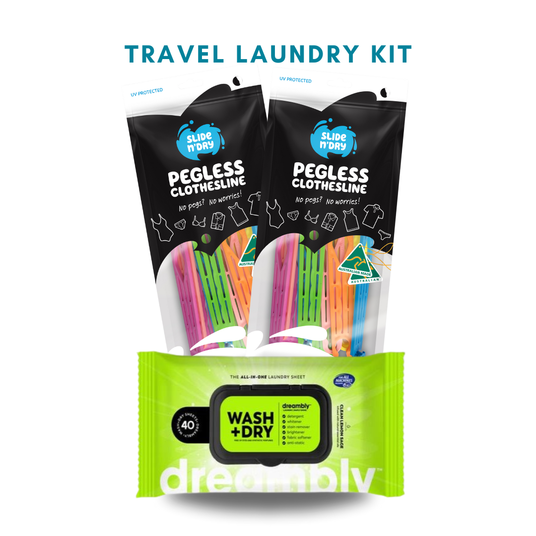 Travel laundry kit with pegless clothesline and wash+dry sheets on a white background