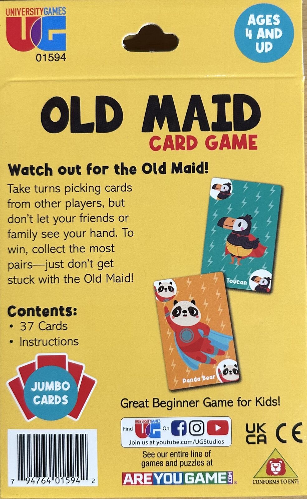Old Maid card game packaging with cartoon cards on a yellow background