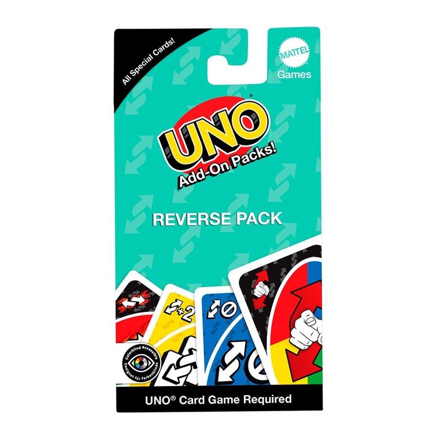 UNO Add-On Reverse Pack with special action cards in aqua packaging, UNO card game required — Adventure Awaits