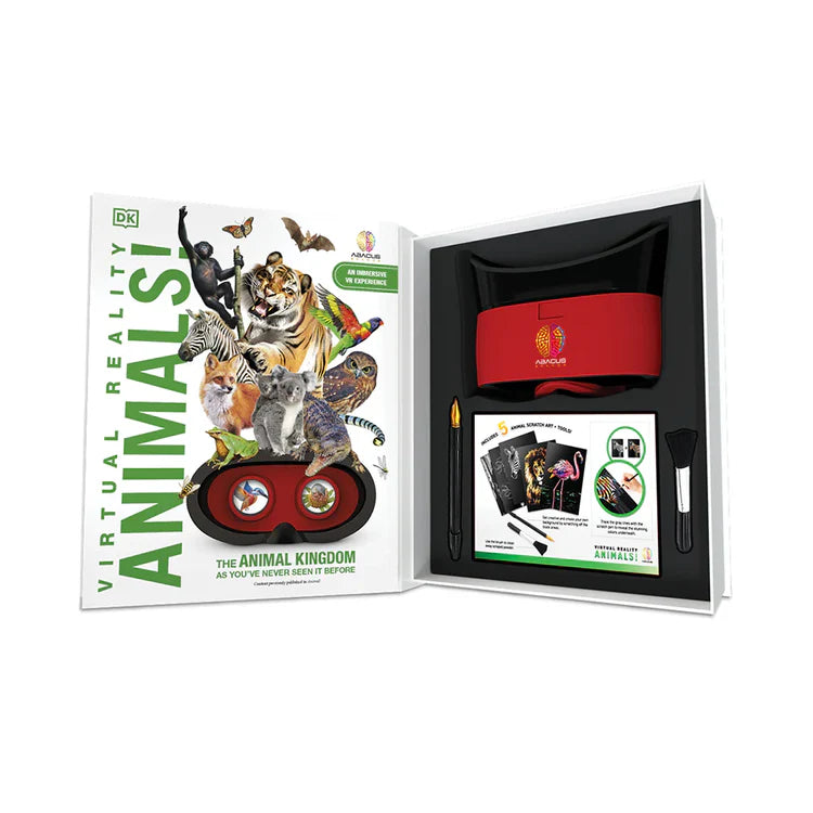 Virtual Reality Animals kit opened with DK book, red goggles and activity tools — Adventure Awaits