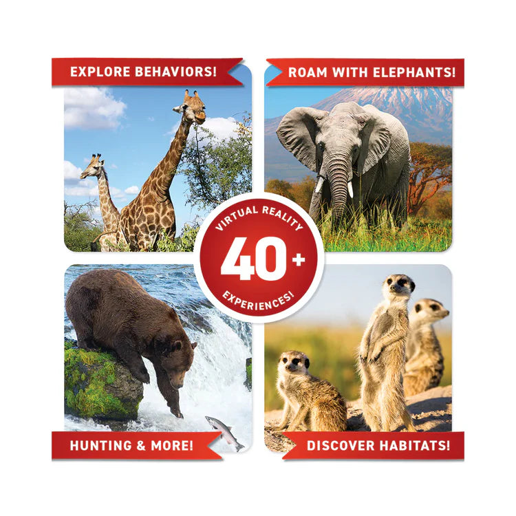 Virtual Reality Animals kit showing 40+ VR experiences with giraffes, elephants and meerkats — Adventure Awaits