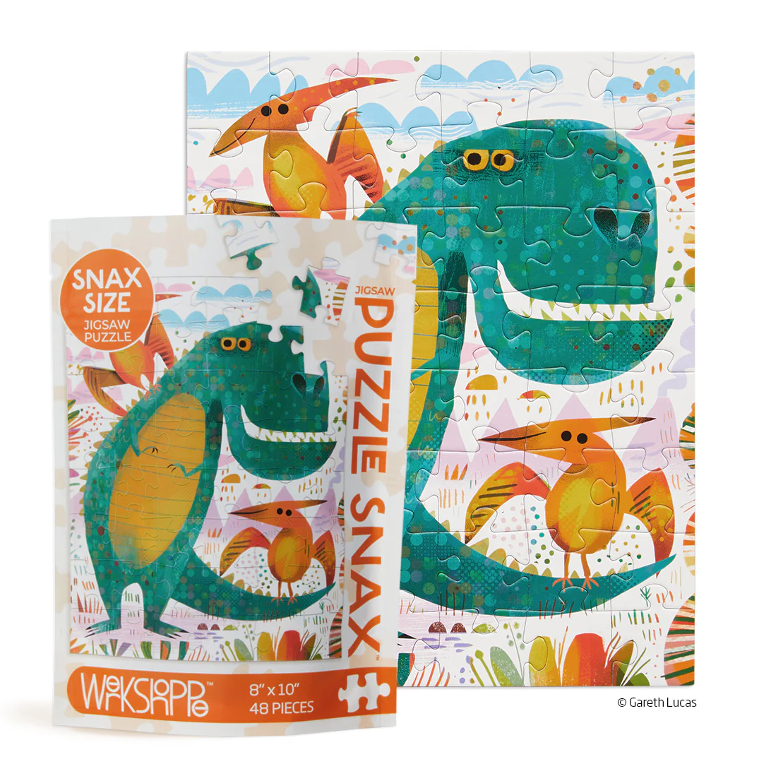 Werkshoppe Puzzle Snax T-Rex and friends dinosaur puzzle with packet