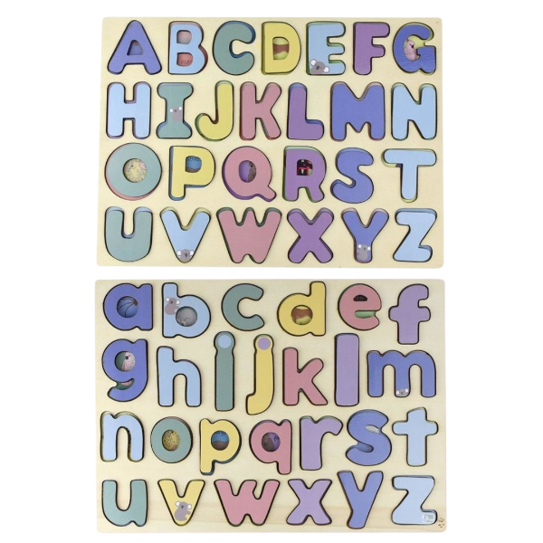 Wooden alphabet puzzle with colourful letters on a white background