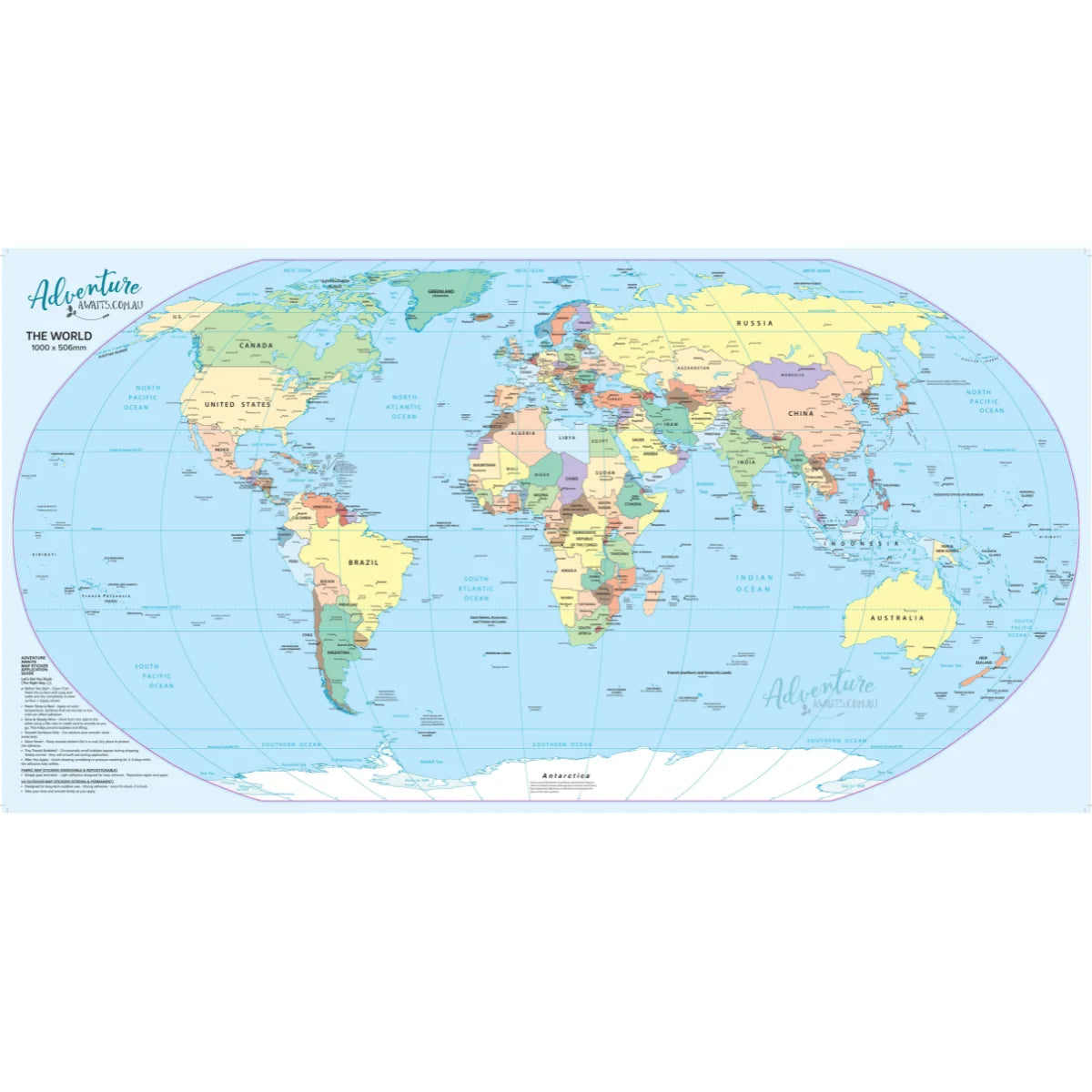 World map wall sticker, 1000 x 506mm removable fabric decal of all countries and oceans — Adventure Awaits