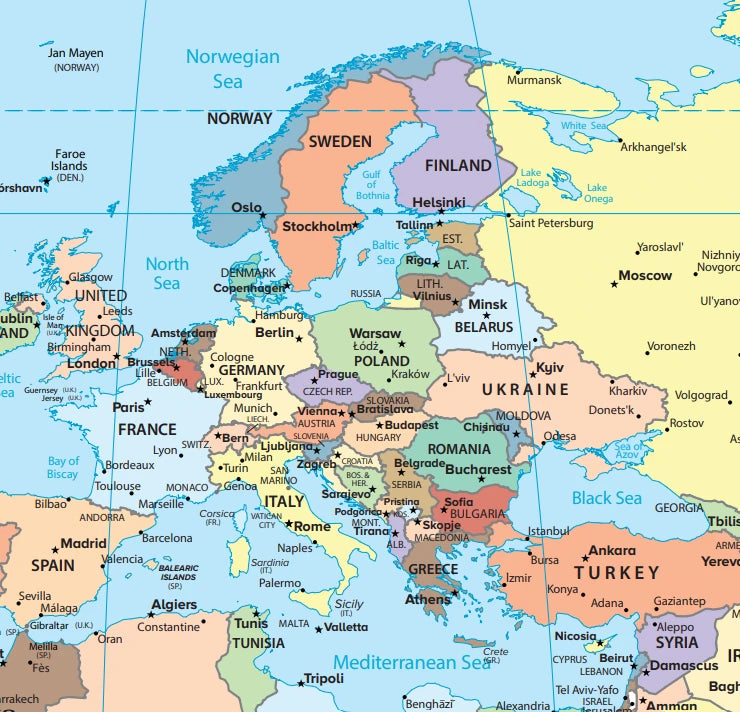 World map wall sticker close up showing Europe with capital cities and clear country labels — Adventure Awaits
