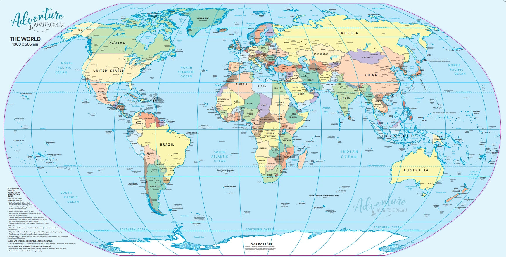 World map wall sticker, full removable fabric map of the world with 1000 x 506mm size and application guide — Adventure Awaits