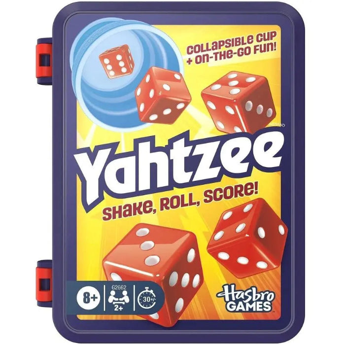 Yahtzee travel game case with red dice, collapsible cup and Shake Roll Score design — Adventure Awaits