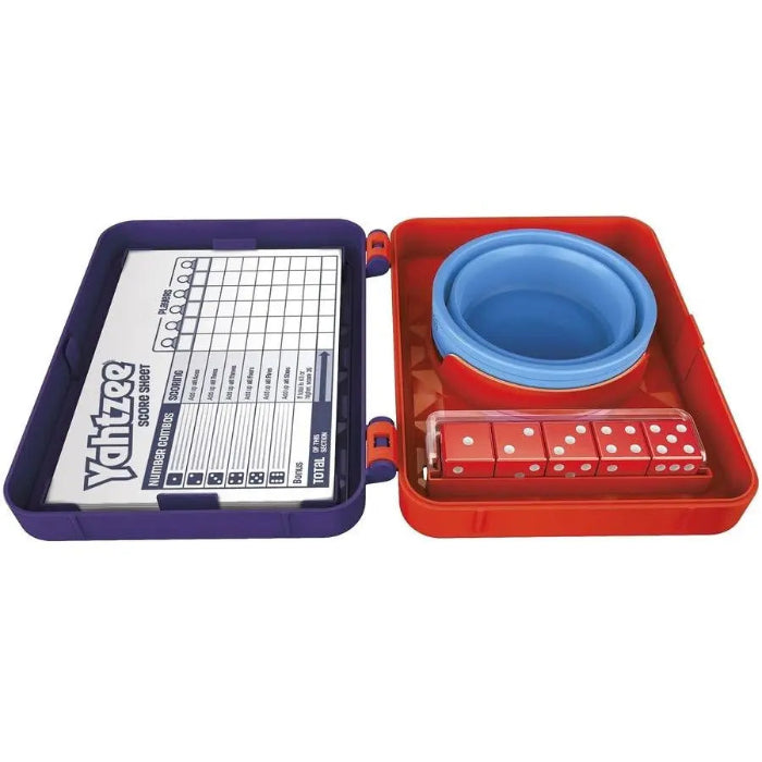 Open Yahtzee travel game case showing score sheet, collapsible blue dice cup and five red dice — Adventure Awaits