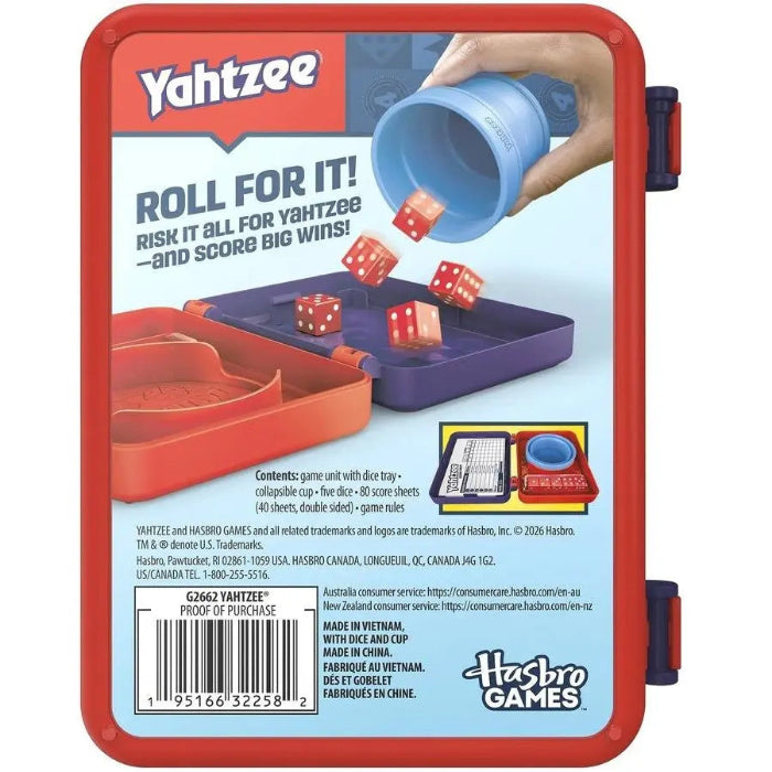 Back of Yahtzee travel game case showing dice rolling instructions, contents and score sheets — Adventure Awaits