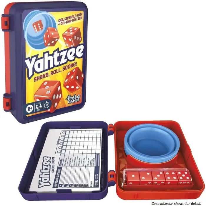 Yahtzee travel game case open to show score sheets, collapsible dice cup and red dice — Adventure Awaits