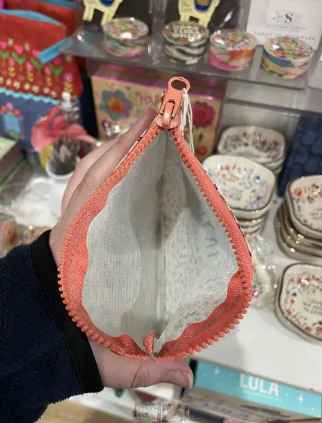 Open YAY! mini recycled zip pouch with coral zip and lined interior — Adventure Awaits