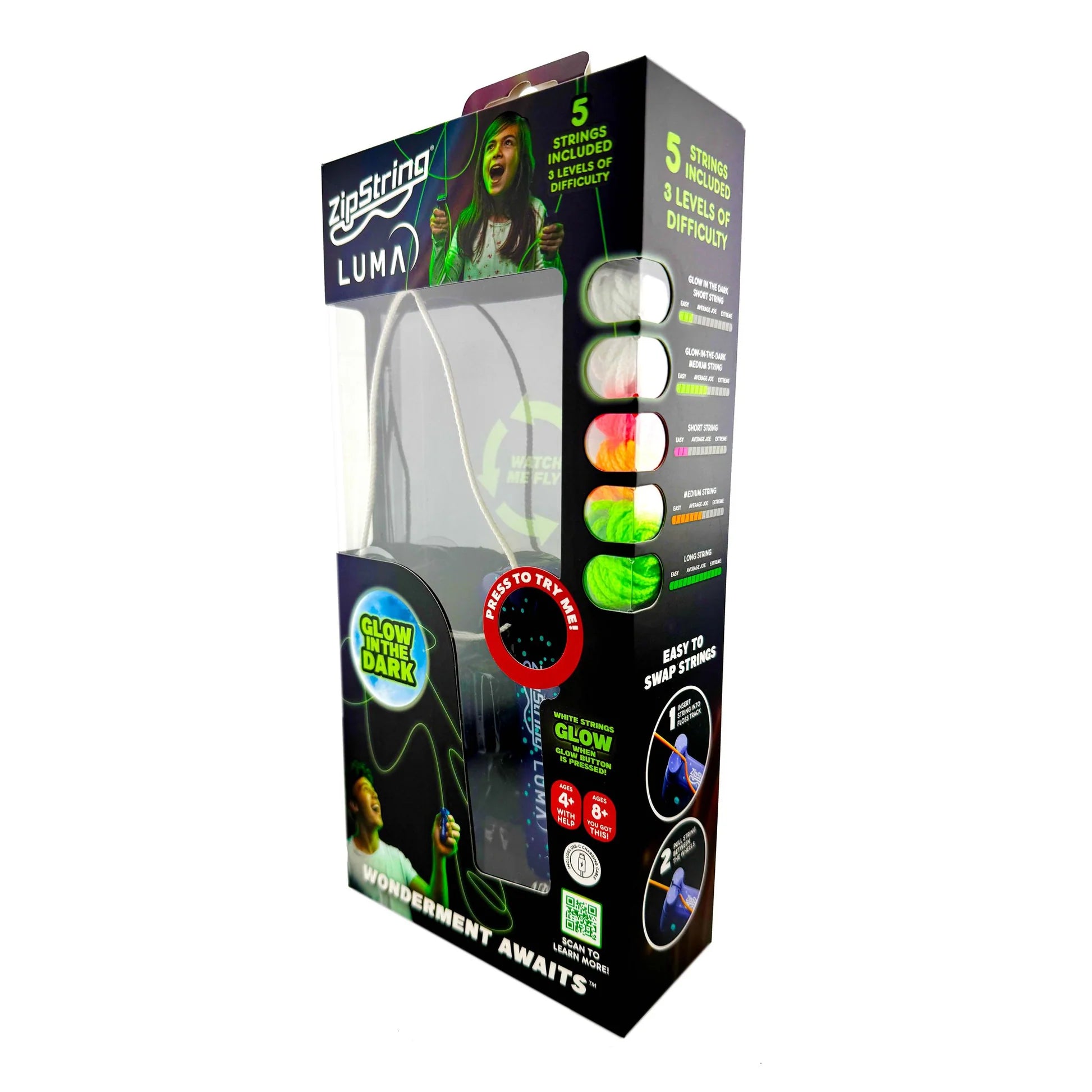 ZipString Luma Glow in the Dark Edition toy packaging shown from an angled side view, highlighting the glow in the dark feature, included coloured strings, and easy string swap instructions.