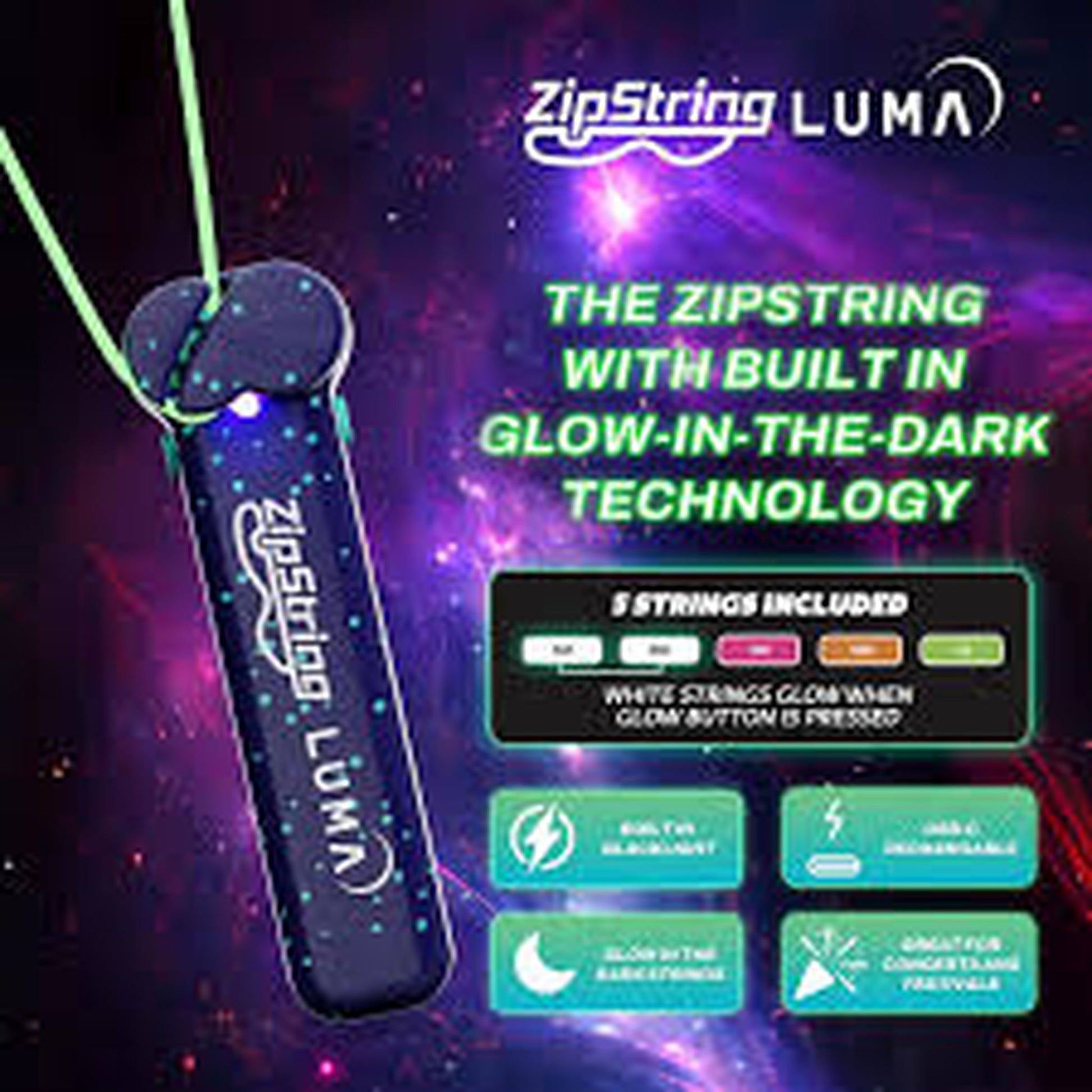 ZipString Luma Glow in the Dark Edition floating string toy with glow in the dark strings, LED light up mode, and 5 included strings for creating hovering string tricks.