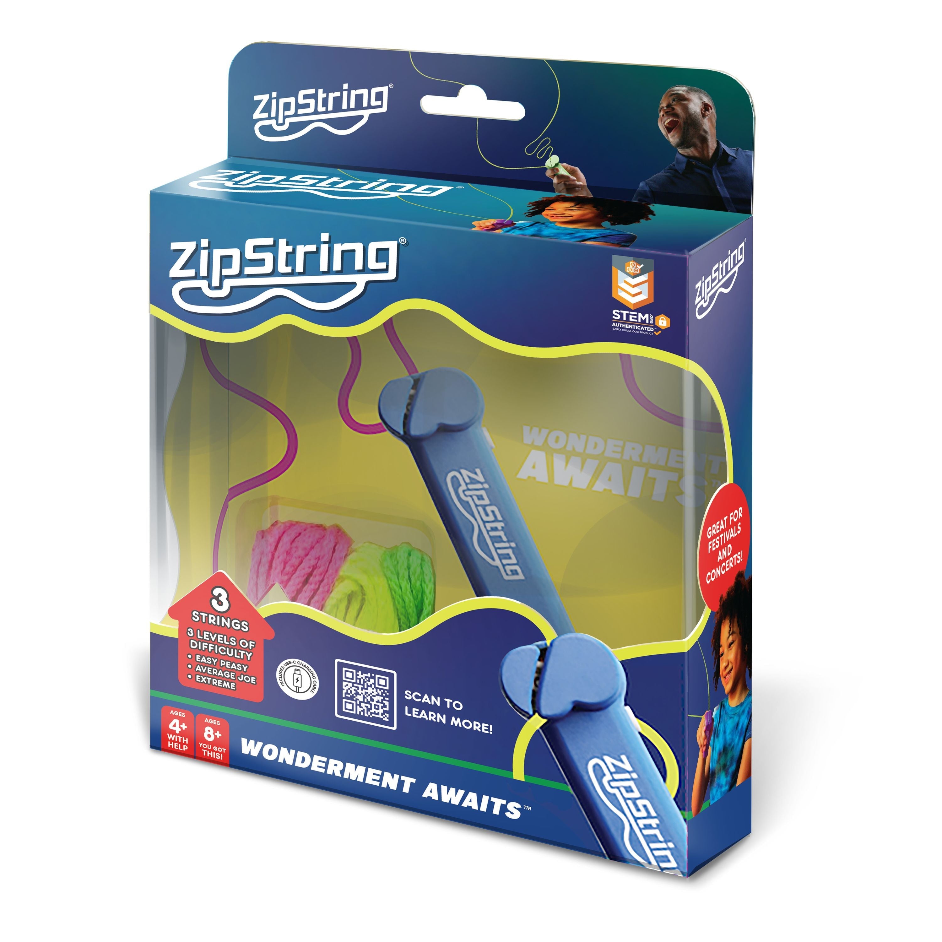 Blue ZipString STEM toy starter pack with handheld string launcher and three colourful strings in pink, orange and green retail packaging Adventure Awaits