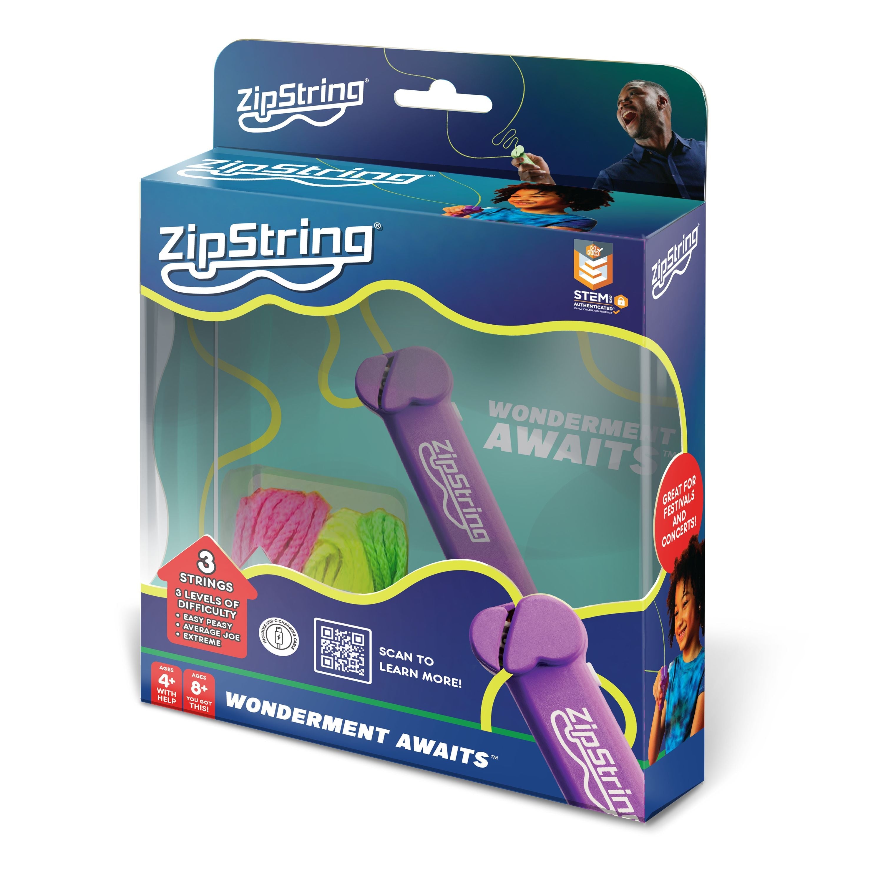 Purple ZipString STEM toy starter pack with handheld string launcher and three colourful strings in pink, orange and green retail packaging Adventure Awaits