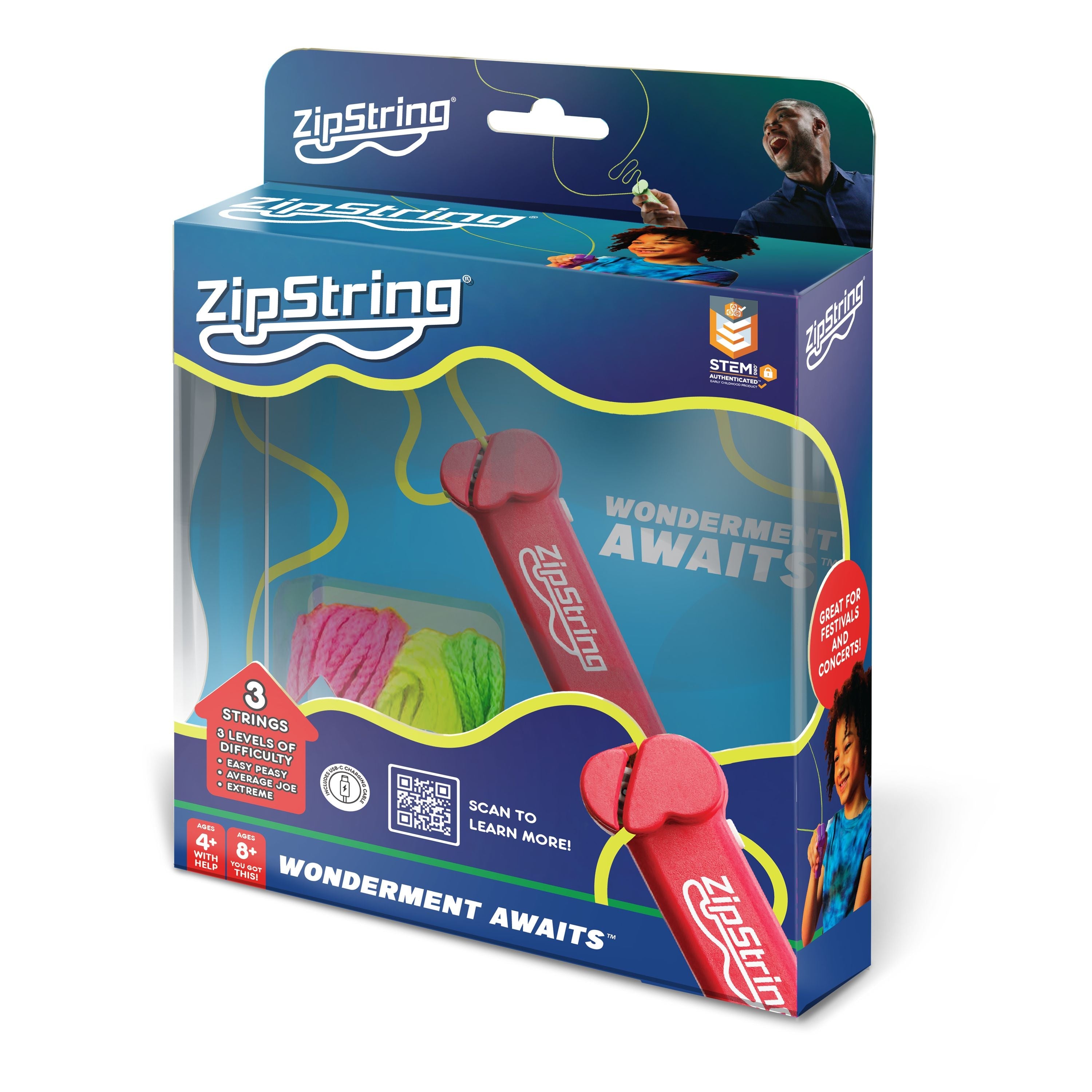 Red ZipString STEM toy starter pack with handheld string launcher and three colourful strings in pink, orange and green retail packaging Adventure Awaits
