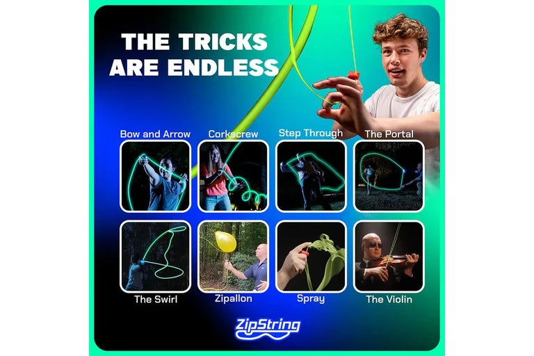 ZipString Luma promotional image showing a person using the floating string toy, with examples of tricks including Bow and Arrow, Corkscrew, Step Through, The Portal, The Swirl, Zipallon, Spray, and The Violin.