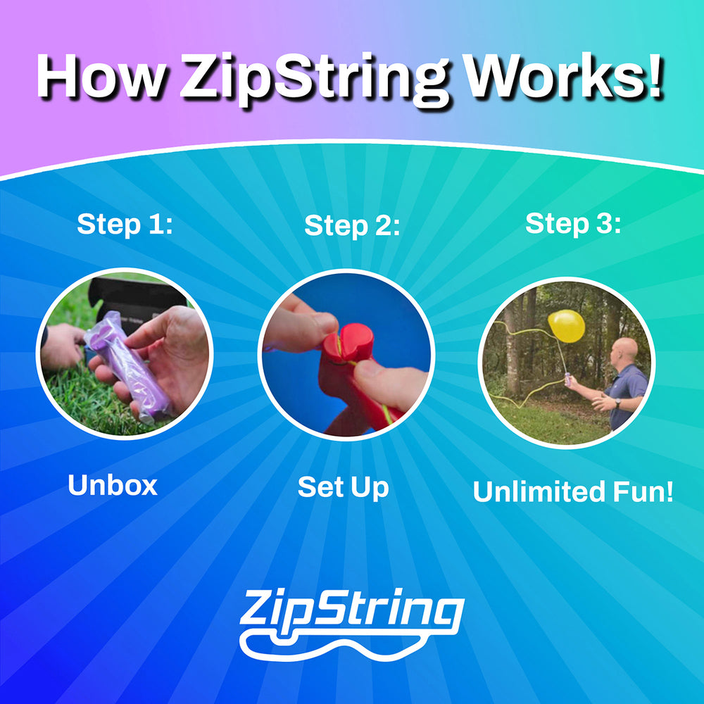 ZipString how to guide showing unboxing, setup and outdoor play steps for the interactive floating string STEM toy Adventure Awaits