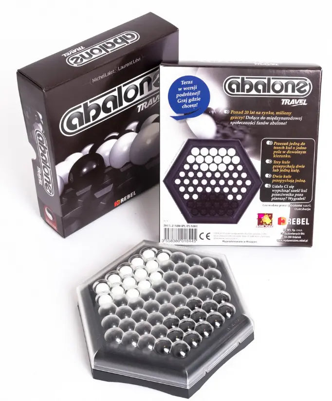 Abalone Travel strategy game with box, board and black and white marbles — Adventure Awaits
Character count: 95