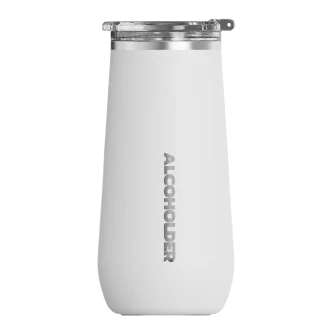 white insulated wine tumbler with clear lid and Alcoholder branding, sleek modern drinkware for keeping drinks hot or cold at home or outdoors Adventure Awaits