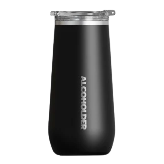 black insulated wine tumbler with clear lid and Alcoholder branding, sleek reusable drinkware for keeping drinks hot or cold at home or outdoors Adventure Awaits