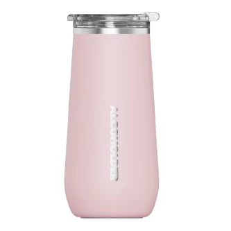 pink insulated wine tumbler with clear lid and Alcoholder branding, sleek reusable drinkware for keeping drinks hot or cold at home or outdoors Adventure Awaits