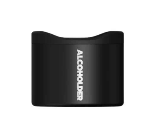 black insulated whisky tumbler base with Alcoholder branding, compact modern drinkware with curved rim design for home or outdoor use Adventure Awaits