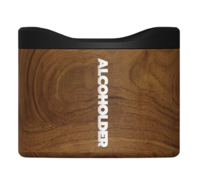 wood grain insulated whisky tumbler base with Alcoholder branding, compact modern drinkware with curved rim design for home or outdoor use Adventure Awaits